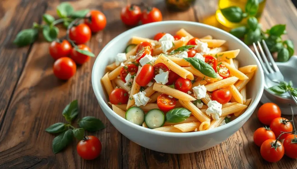A Mediterranean-inspired pasta salad with al dente penne, vibrant cherry tomatoes, crisp cucumbers, tangy feta, and a zesty lemon-herb vinaigrette. The scene is set on a rustic wood table, with the salad served in a large white bowl, complemented by a sprinkling of fresh basil leaves and a drizzle of olive oil. The lighting is soft and natural, casting a warm glow on the ingredients, creating an inviting and appetizing atmosphere. The overall mood is one of freshness, simplicity, and the essence of the Mediterranean. A Mediterranean-inspired pasta salad with al dente penne, vibrant cherry tomatoes, crisp cucumbers, tangy feta, and a zesty lemon-herb vinaigrette. The scene is set on a rustic wood table, with the salad served in a large white bowl, complemented by a sprinkling of fresh basil leaves and a drizzle of olive oil. The lighting is soft and natural, casting a warm glow on the ingredients, creating an inviting and appetizing atmosphere. The overall mood is one of freshness, simplicity, and the essence of the Mediterranean.