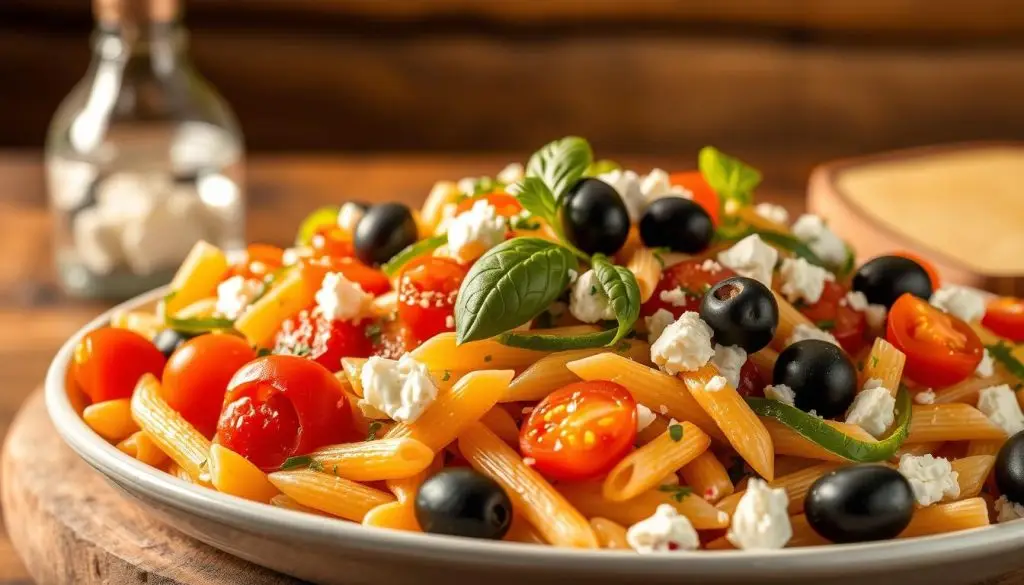 A vibrant Mediterranean pasta salad takes center stage, its colorful ingredients artfully arranged. In the foreground, al dente penne pasta mingles with a medley of sun-ripened cherry tomatoes, crisp cucumber slices, and briny Kalamata olives. Ribbons of fresh basil and crumbled feta cheese add pops of verdant and creamy textures. The composition is bathed in warm, golden lighting, casting a luminous glow and highlighting the salad's fresh, zesty appeal. In the background, a rustic wooden table sets the scene, lending an authentic, Mediterranean ambiance. The overall mood is one of casual elegance, inviting the viewer to savor the bold, harmonious flavors of this signature pasta dish. A vibrant Mediterranean pasta salad takes center stage, its colorful ingredients artfully arranged. In the foreground, al dente penne pasta mingles with a medley of sun-ripened cherry tomatoes, crisp cucumber slices, and briny Kalamata olives. Ribbons of fresh basil and crumbled feta cheese add pops of verdant and creamy textures. The composition is bathed in warm, golden lighting, casting a luminous glow and highlighting the salad's fresh, zesty appeal. In the background, a rustic wooden table sets the scene, lending an authentic, Mediterranean ambiance. The overall mood is one of casual elegance, inviting the viewer to savor the bold, harmonious flavors of this signature pasta dish.